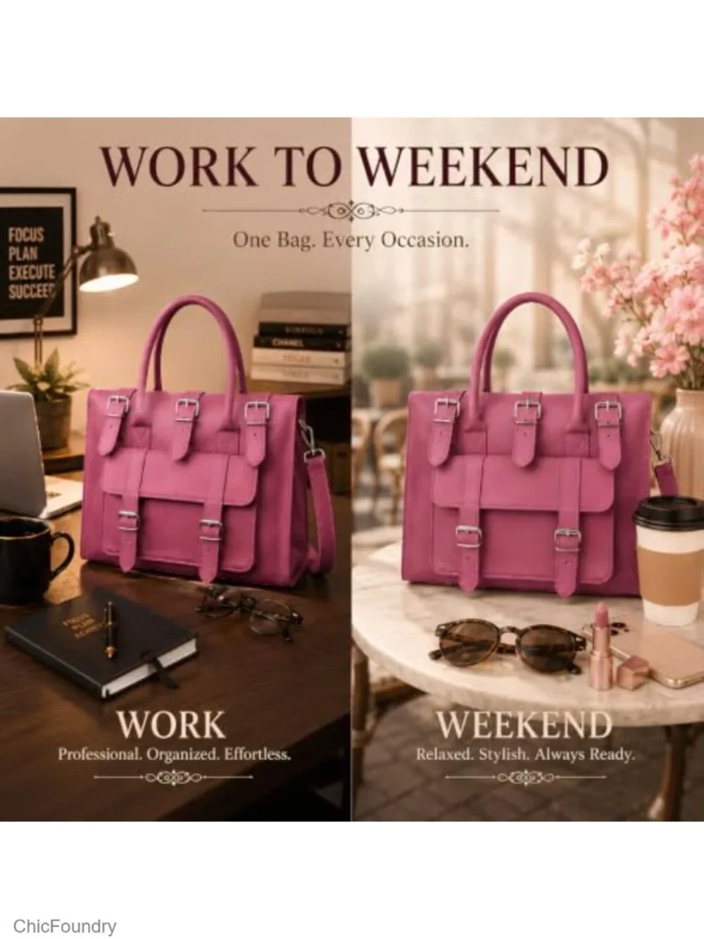 Genuine Leather Satchel Bag Vintage Buckle Strap Structured Work Tote Large
